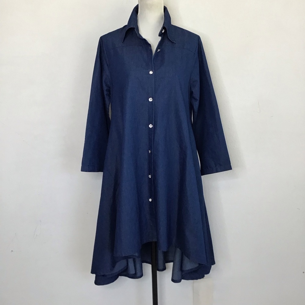 Step In Style Women Elegant Classic Collar High-Low Denim Fall Cocktail Dress M